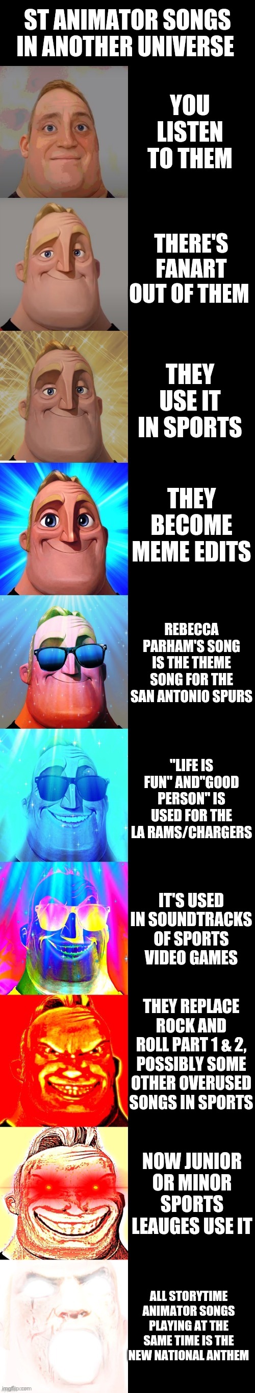 I Hope This Meme Will Predict This | ST ANIMATOR SONGS IN ANOTHER UNIVERSE; YOU LISTEN TO THEM; THERE'S FANART OUT OF THEM; THEY USE IT IN SPORTS; THEY BECOME MEME EDITS; REBECCA PARHAM'S SONG IS THE THEME SONG FOR THE SAN ANTONIO SPURS; "LIFE IS FUN" AND"GOOD PERSON" IS USED FOR THE LA RAMS/CHARGERS; IT'S USED IN SOUNDTRACKS OF SPORTS VIDEO GAMES; THEY REPLACE ROCK AND ROLL PART 1 & 2, POSSIBLY SOME OTHER OVERUSED SONGS IN SPORTS; NOW JUNIOR OR MINOR SPORTS LEAUGES USE IT; ALL STORYTIME ANIMATOR SONGS PLAYING AT THE SAME TIME IS THE NEW NATIONAL ANTHEM | image tagged in mr incredible becoming canny,animators,sports | made w/ Imgflip meme maker