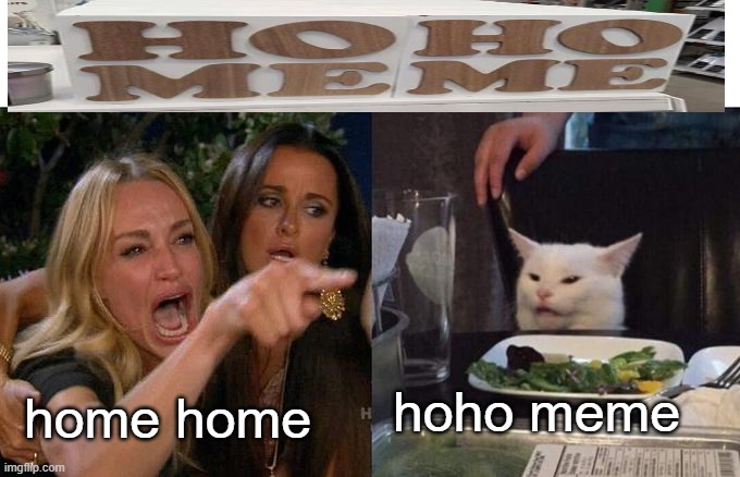Woman Yelling At Cat | hoho meme; home home | image tagged in memes,woman yelling at cat | made w/ Imgflip meme maker