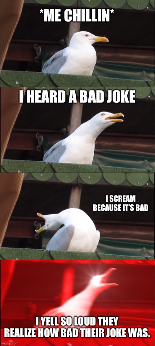 Me | *ME CHILLIN*; I HEARD A BAD JOKE; I SCREAM BECAUSE IT’S BAD; I YELL SO LOUD THEY REALIZE HOW BAD THEIR JOKE WAS. | image tagged in memes,inhaling seagull | made w/ Imgflip meme maker