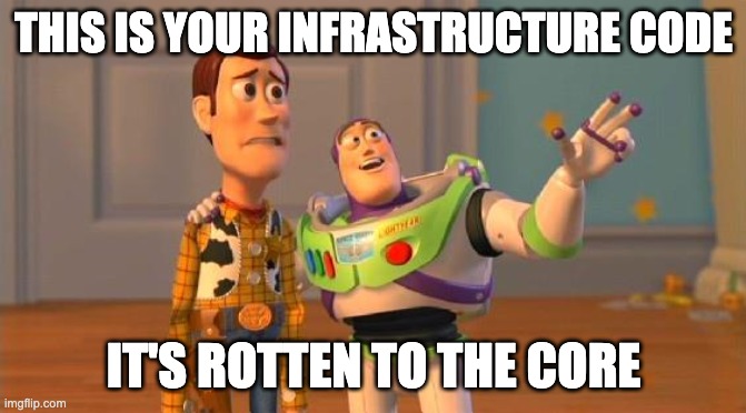 Infrastructure rotten | THIS IS YOUR INFRASTRUCTURE CODE; IT'S ROTTEN TO THE CORE | image tagged in buzz and woody | made w/ Imgflip meme maker