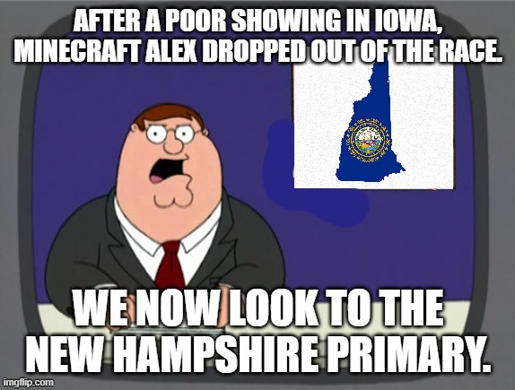 news news | AFTER A POOR SHOWING IN IOWA, MINECRAFT ALEX DROPPED OUT OF THE RACE. WE NOW LOOK TO THE NEW HAMPSHIRE PRIMARY. | image tagged in news news | made w/ Imgflip meme maker