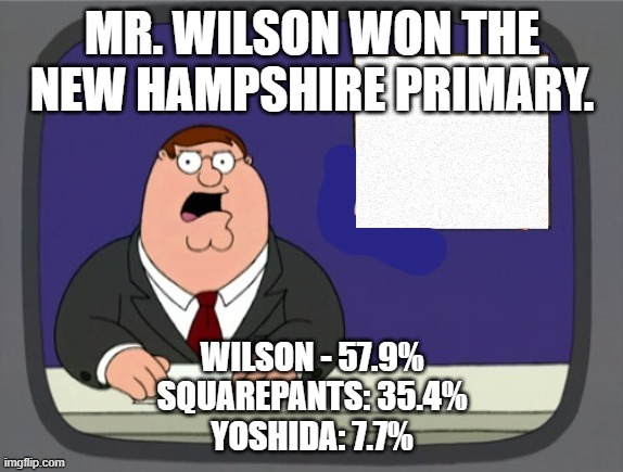 news news | MR. WILSON WON THE NEW HAMPSHIRE PRIMARY. WILSON - 57.9%
SQUAREPANTS: 35.4%
YOSHIDA: 7.7% | image tagged in news news | made w/ Imgflip meme maker