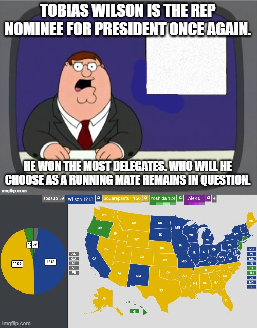 TOBIAS WILSON IS THE REP NOMINEE FOR PRESIDENT ONCE AGAIN. HE WON THE MOST DELEGATES. WHO WILL HE CHOOSE AS A RUNNING MATE REMAINS IN QUESTION. | image tagged in news news | made w/ Imgflip meme maker