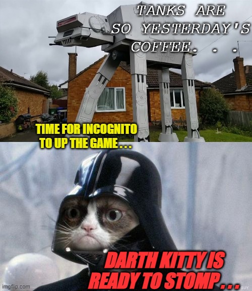 TANKS ARE SO YESTERDAY'S  COFFEE. . . TIME FOR INCOGNITO TO UP THE GAME . . . DARTH KITTY IS READY TO STOMP . . . | image tagged in memes,grumpy cat star wars | made w/ Imgflip meme maker