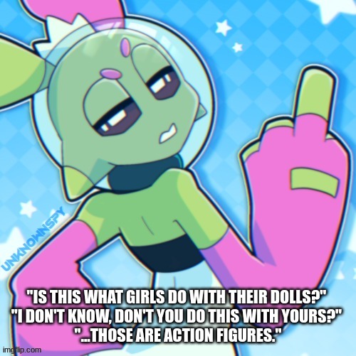 Sploot says f you | "IS THIS WHAT GIRLS DO WITH THEIR DOLLS?" 
"I DON'T KNOW, DON'T YOU DO THIS WITH YOURS?" 
"...THOSE ARE ACTION FIGURES." | image tagged in sploot says f you | made w/ Imgflip meme maker