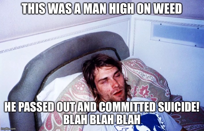 Drugged Man |  THIS WAS A MAN HIGH ON WEED; HE PASSED OUT AND COMMITTED SUICIDE!
BLAH BLAH BLAH | image tagged in kurt cobain,nirvana,weed | made w/ Imgflip meme maker