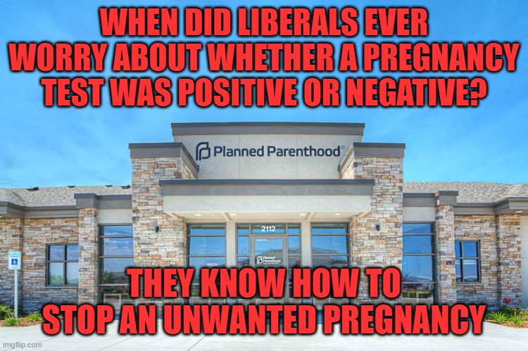 Planned Parenthood | WHEN DID LIBERALS EVER WORRY ABOUT WHETHER A PREGNANCY TEST WAS POSITIVE OR NEGATIVE? THEY KNOW HOW TO STOP AN UNWANTED PREGNANCY | image tagged in planned parenthood | made w/ Imgflip meme maker