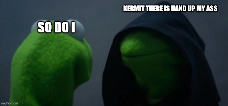 Evil Kermit | KERMIT THERE IS HAND UP MY ASS; SO DO I | image tagged in memes,evil kermit | made w/ Imgflip meme maker