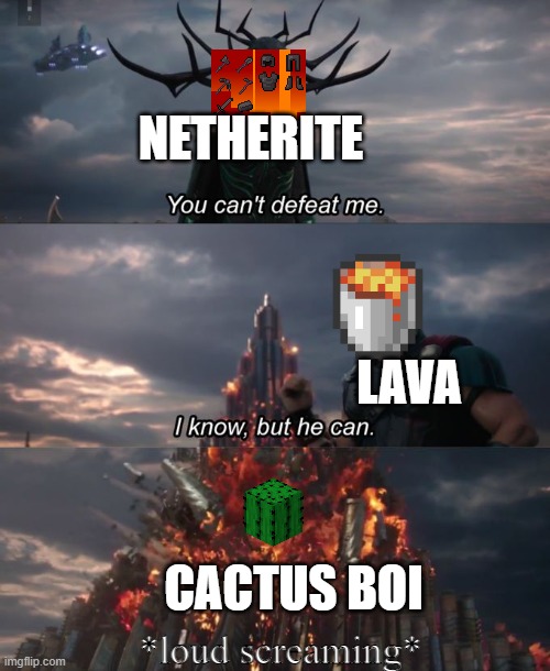 You can't defeat me | NETHERITE; LAVA; CACTUS BOI; *loud screaming* | image tagged in you can't defeat me | made w/ Imgflip meme maker