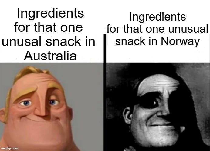 The Australia one I'm talking about is "fairy bread" and the Norway one is salmiaki | Ingredients for that one 
unusal snack in 
Australia; Ingredients for that one unusual snack in Norway | image tagged in teacher's copy | made w/ Imgflip meme maker