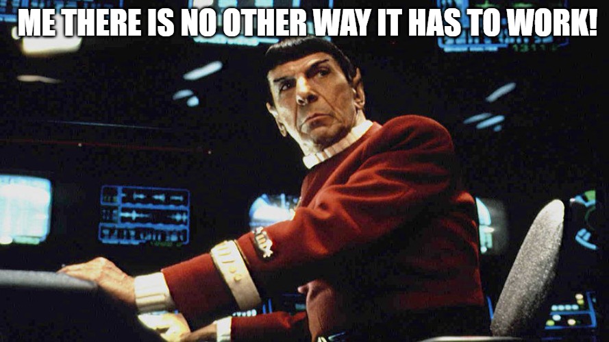 my way!! | ME THERE IS NO OTHER WAY IT HAS TO WORK! | image tagged in acting head stallion on duty,mr spock | made w/ Imgflip meme maker