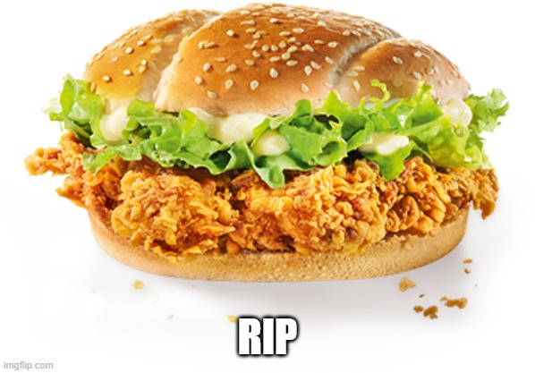 what |  RIP | image tagged in kfc zinger burger,kfc,covid,meanwhile in australia,memes | made w/ Imgflip meme maker