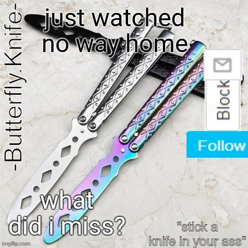 Butterfly.Knife temp | just watched no way home; what did i miss? | image tagged in butterfly knife temp | made w/ Imgflip meme maker