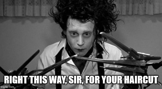 Edward Scissorhands | RIGHT THIS WAY, SIR, FOR YOUR HAIRCUT | image tagged in edward scissorhands | made w/ Imgflip meme maker