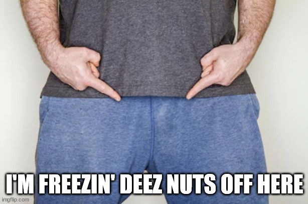Pointing at Groin | I'M FREEZIN' DEEZ NUTS OFF HERE | image tagged in pointing at groin | made w/ Imgflip meme maker