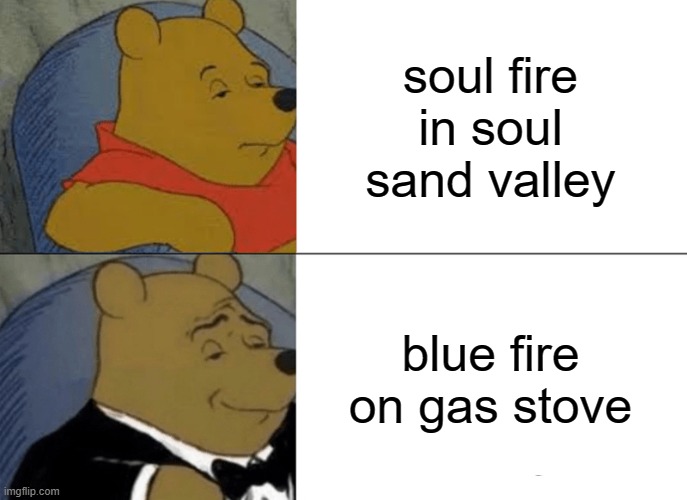 gas..gas...GAS | soul fire in soul sand valley; blue fire on gas stove | image tagged in memes,tuxedo winnie the pooh | made w/ Imgflip meme maker