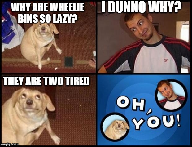 Oh You | I DUNNO WHY? WHY ARE WHEELIE BINS SO LAZY? THEY ARE TWO TIRED | image tagged in oh you | made w/ Imgflip meme maker