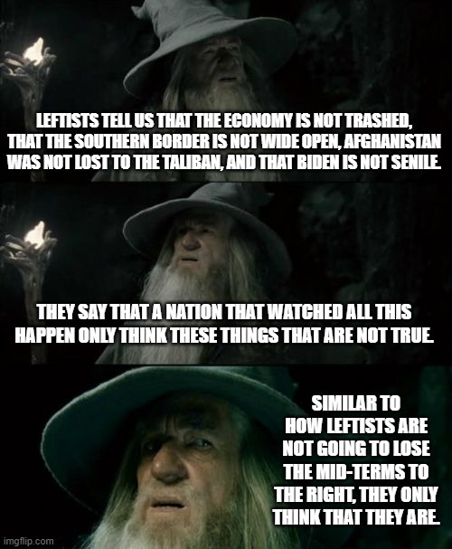 Confused Gandalf Meme | LEFTISTS TELL US THAT THE ECONOMY IS NOT TRASHED, THAT THE SOUTHERN BORDER IS NOT WIDE OPEN, AFGHANISTAN WAS NOT LOST TO THE TALIBAN, AND THAT BIDEN IS NOT SENILE. THEY SAY THAT A NATION THAT WATCHED ALL THIS HAPPEN ONLY THINK THESE THINGS THAT ARE NOT TRUE. SIMILAR TO HOW LEFTISTS ARE NOT GOING TO LOSE THE MID-TERMS TO THE RIGHT, THEY ONLY THINK THAT THEY ARE. | image tagged in memes,confused gandalf | made w/ Imgflip meme maker