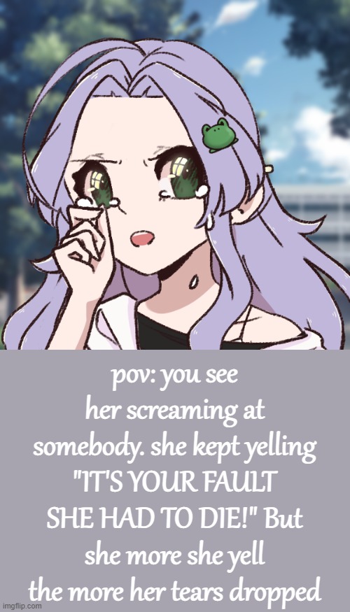 no joke ocs, no op ocs and no bambi or idk- | pov: you see her screaming at somebody. she kept yelling "IT'S YOUR FAULT SHE HAD TO DIE!" But she more she yell the more her tears dropped | image tagged in akenai | made w/ Imgflip meme maker