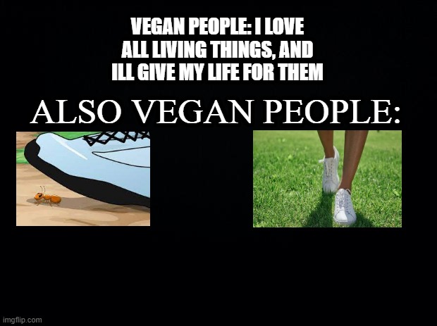 Vegnes be gognes | VEGAN PEOPLE: I LOVE ALL LIVING THINGS, AND ILL GIVE MY LIFE FOR THEM; ALSO VEGAN PEOPLE: | image tagged in black background | made w/ Imgflip meme maker