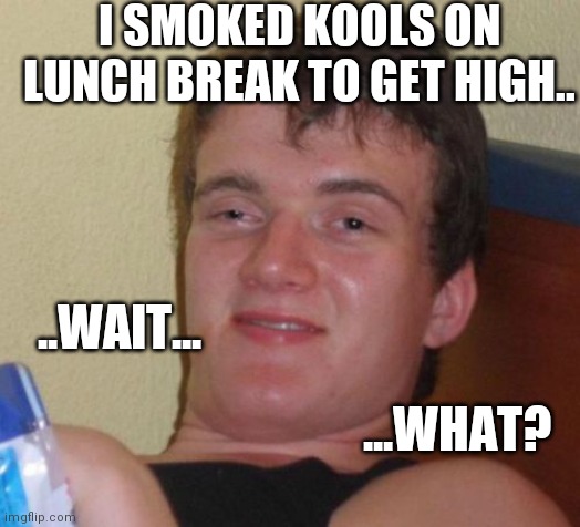 10 Guy Meme | I SMOKED KOOLS ON LUNCH BREAK TO GET HIGH.. ..WAIT... ...WHAT? | image tagged in memes,10 guy | made w/ Imgflip meme maker