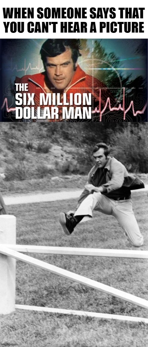 Boing... | image tagged in memes,funny memes,six million dollar man,can't hear a picture | made w/ Imgflip meme maker