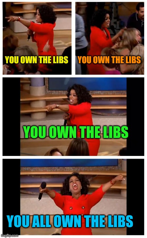 Oprah's speech at the ICU | YOU OWN THE LIBS; YOU OWN THE LIBS; YOU OWN THE LIBS; YOU ALL OWN THE LIBS | image tagged in memes,oprah you get a car everybody gets a car | made w/ Imgflip meme maker