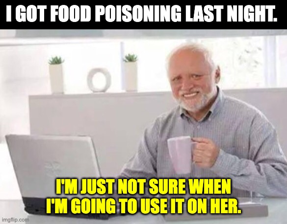 Food poisoned | I GOT FOOD POISONING LAST NIGHT. I'M JUST NOT SURE WHEN I'M GOING TO USE IT ON HER. | image tagged in harold | made w/ Imgflip meme maker