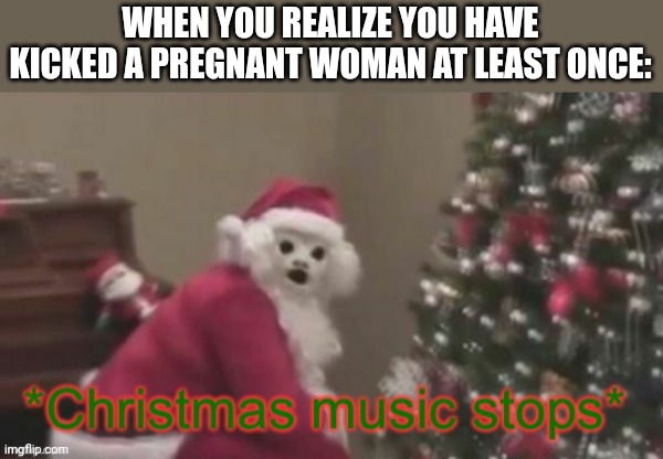 Scorpzero's idea btw | WHEN YOU REALIZE YOU HAVE KICKED A PREGNANT WOMAN AT LEAST ONCE: | image tagged in christmas music stops | made w/ Imgflip meme maker