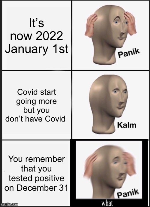 2022 Covid-19 be like | It’s now 2022 January 1st; Covid start going more but you don’t have Covid; You remember that you tested positive on December 31 | image tagged in memes,panik kalm panik | made w/ Imgflip meme maker