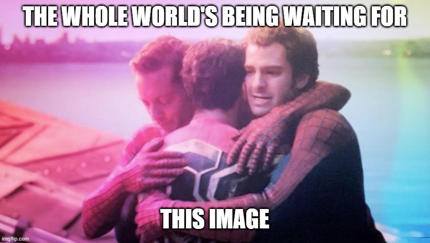 What's the whole world being waiting for | THE WHOLE WORLD'S BEING WAITING FOR; THIS IMAGE | image tagged in 3 spideys hugging | made w/ Imgflip meme maker