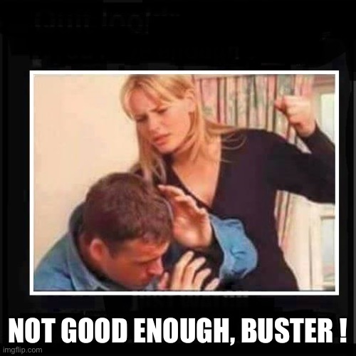 Angry Wife | NOT GOOD ENOUGH, BUSTER ! | image tagged in angry wife | made w/ Imgflip meme maker