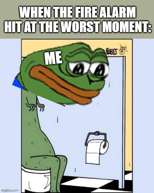 it really went off, luckily it was my neighbors and luckily the fire was small | WHEN THE FIRE ALARM HIT AT THE WORST MOMENT:; ME | image tagged in sadge pepe dino toilet paper | made w/ Imgflip meme maker