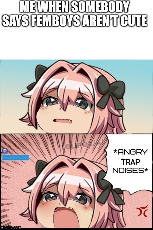 Angry trap noises | ME WHEN SOMEBODY SAYS FEMBOYS AREN'T CUTE | image tagged in angry trap noises | made w/ Imgflip meme maker