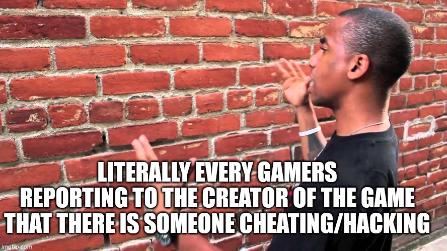 Gamers be like: |  LITERALLY EVERY GAMERS REPORTING TO THE CREATOR OF THE GAME THAT THERE IS SOMEONE CHEATING/HACKING | image tagged in man talking to wall | made w/ Imgflip meme maker