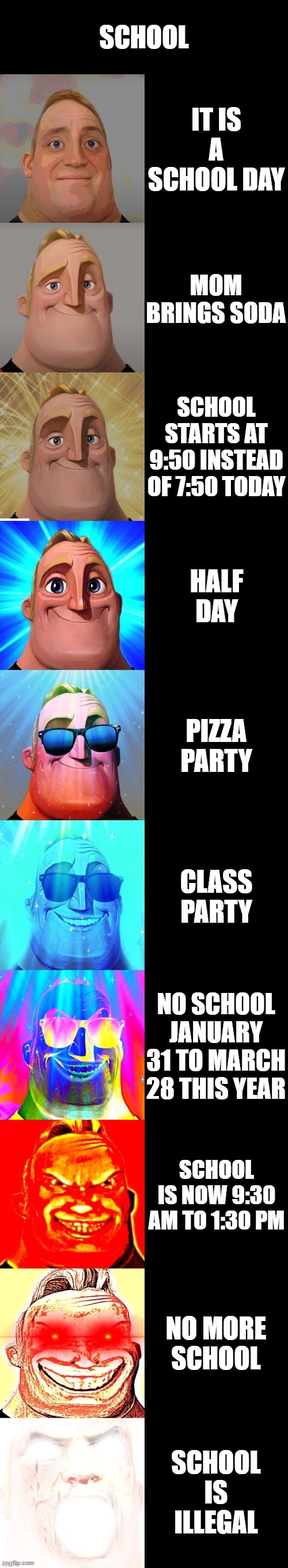 mr incredible becoming canny | SCHOOL; IT IS A SCHOOL DAY; MOM BRINGS SODA; SCHOOL STARTS AT 9:50 INSTEAD OF 7:50 TODAY; HALF DAY; PIZZA PARTY; CLASS PARTY; NO SCHOOL JANUARY 31 TO MARCH 28 THIS YEAR; SCHOOL IS NOW 9:30 AM TO 1:30 PM; NO MORE SCHOOL; SCHOOL IS ILLEGAL | image tagged in mr incredible becoming canny | made w/ Imgflip meme maker