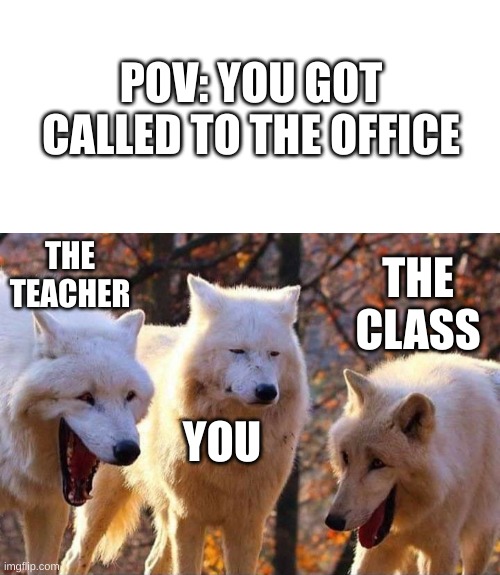 You have been sent to the office | POV: YOU GOT CALLED TO THE OFFICE; THE TEACHER; THE CLASS; YOU | image tagged in blank white template,laughing wolf | made w/ Imgflip meme maker