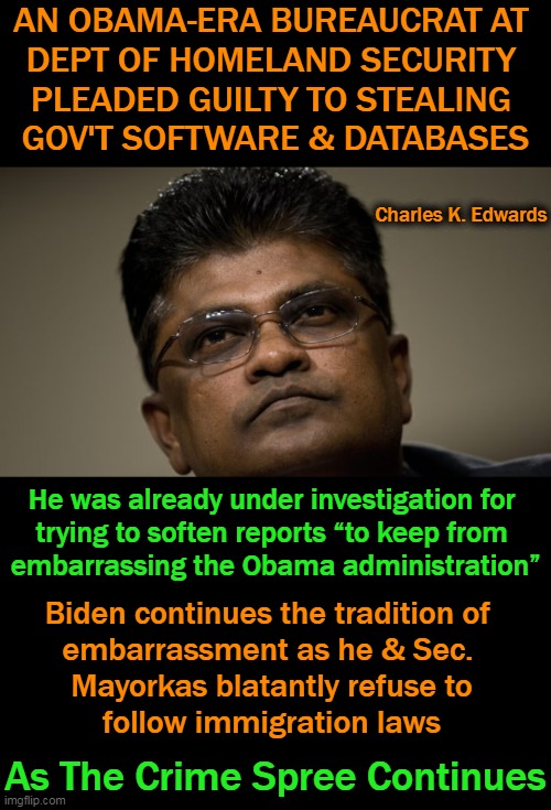 Former DHS Acting IG Under Obama Pleads Guilty To Attempting To Defraud U.S. Government | AN OBAMA-ERA BUREAUCRAT AT 
DEPT OF HOMELAND SECURITY 
PLEADED GUILTY TO STEALING 
GOV'T SOFTWARE & DATABASES; Charles K. Edwards; He was already under investigation for 
trying to soften reports “to keep from 
embarrassing the Obama administration”; Biden continues the tradition of 
embarrassment as he & Sec. 
Mayorkas blatantly refuse to
follow immigration laws; As The Crime Spree Continues | image tagged in politics,homeland security,obama,biden,partners in crime,to be continued | made w/ Imgflip meme maker