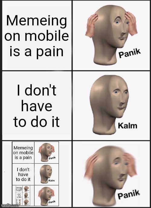 Always on that phone | Memeing on mobile is a pain; I don't have to do it | image tagged in memes,panik kalm panik | made w/ Imgflip meme maker
