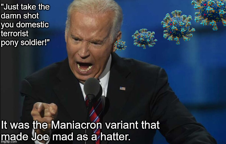 It was the Maniacron Variant that made Joe mad as a hatter | "Just take the 
damn shot 
you domestic
terrorist
pony soldier!"; It was the Maniacron variant that 
made Joe mad as a hatter. | image tagged in memes,variant,political memes,crazy joe biden | made w/ Imgflip meme maker
