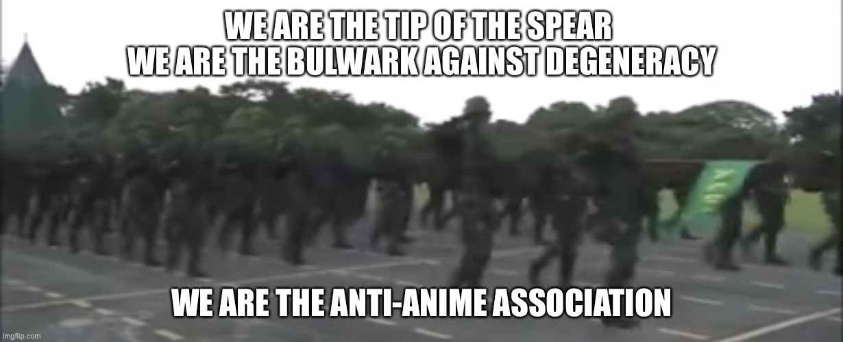 Destroy Degeneracy | WE ARE THE TIP OF THE SPEAR 
WE ARE THE BULWARK AGAINST DEGENERACY; WE ARE THE ANTI-ANIME ASSOCIATION | image tagged in e | made w/ Imgflip meme maker
