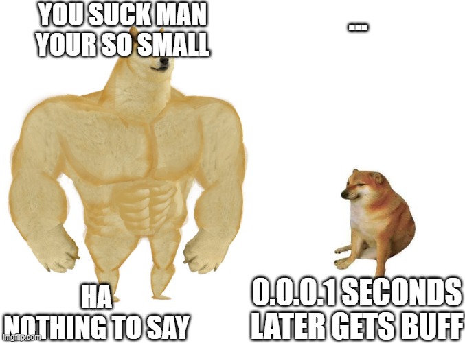 lol | YOU SUCK MAN YOUR SO SMALL; ... 0.0.0.1 SECONDS LATER GETS BUFF; HA NOTHING TO SAY | image tagged in big dog small dog | made w/ Imgflip meme maker