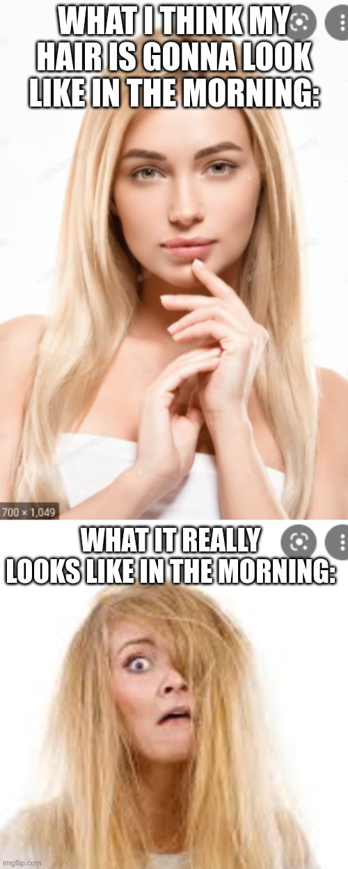 Hair problems | WHAT I THINK MY HAIR IS GONNA LOOK LIKE IN THE MORNING:; WHAT IT REALLY LOOKS LIKE IN THE MORNING: | image tagged in hair,bad hair day,memes,mornings,blonde,funny memes | made w/ Imgflip meme maker
