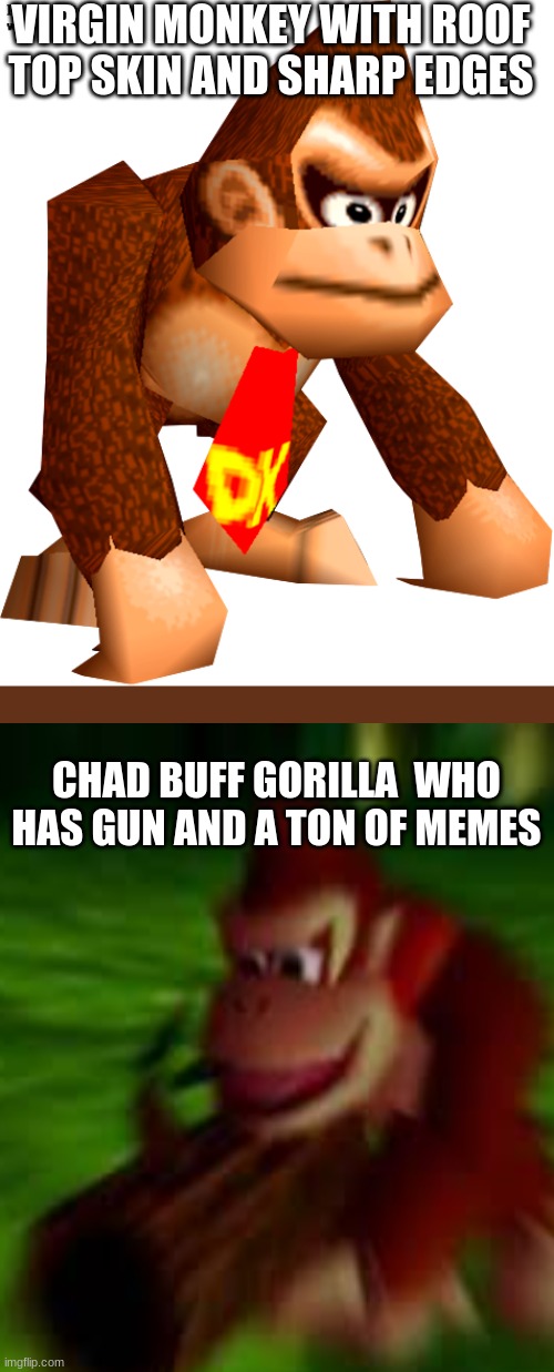 donkey | VIRGIN MONKEY WITH ROOF TOP SKIN AND SHARP EDGES; CHAD BUFF GORILLA  WHO HAS GUN AND A TON OF MEMES | image tagged in virgin vs chad | made w/ Imgflip meme maker
