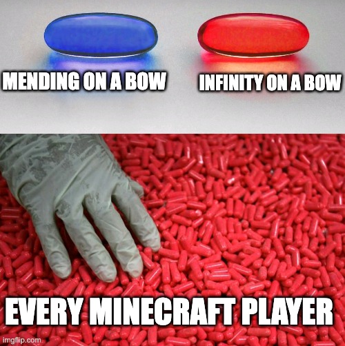 Blue or red pill | INFINITY ON A BOW; MENDING ON A BOW; EVERY MINECRAFT PLAYER | image tagged in blue or red pill | made w/ Imgflip meme maker