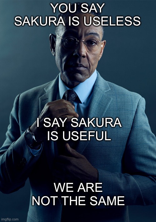 Gus Fring we are not the same | YOU SAY SAKURA IS USELESS; I SAY SAKURA IS USEFUL; WE ARE NOT THE SAME | image tagged in gus fring we are not the same | made w/ Imgflip meme maker