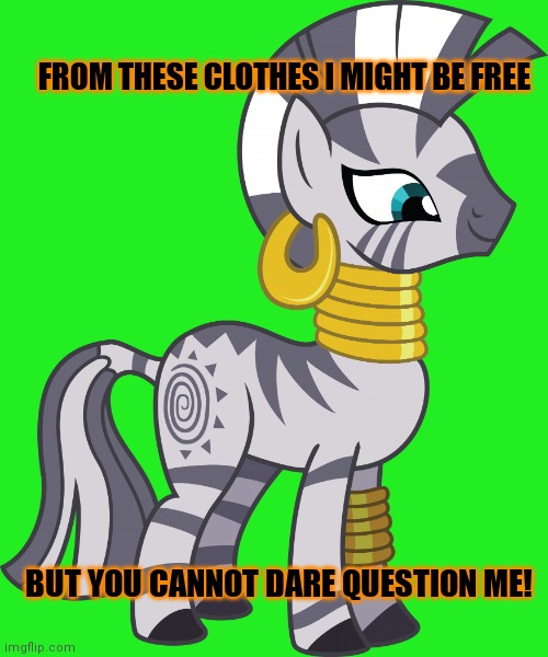 Zecora 2 (Transparent) | BUT YOU CANNOT DARE QUESTION ME! FROM THESE CLOTHES I MIGHT BE FREE | image tagged in zecora 2 transparent | made w/ Imgflip meme maker