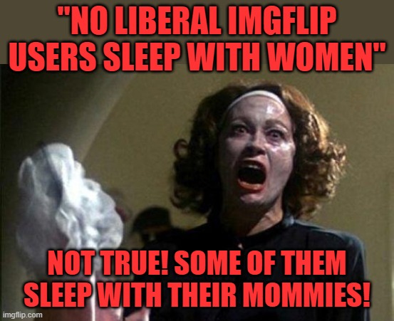 Mommy dearest  | "NO LIBERAL IMGFLIP USERS SLEEP WITH WOMEN" NOT TRUE! SOME OF THEM SLEEP WITH THEIR MOMMIES! | image tagged in mommy dearest | made w/ Imgflip meme maker