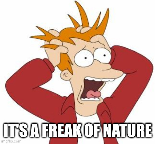 Fry Freaking Out | IT'S A FREAK OF NATURE | image tagged in fry freaking out | made w/ Imgflip meme maker