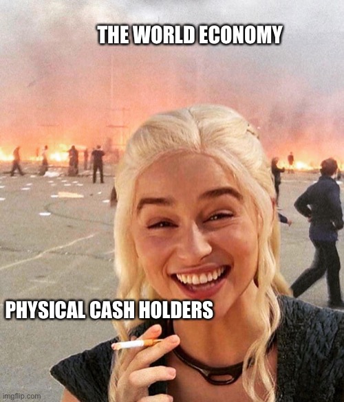 World economy & physical cash | THE WORLD ECONOMY; PHYSICAL CASH HOLDERS | image tagged in disaster smoker girl | made w/ Imgflip meme maker